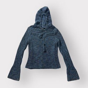 Vintage Y2k mermaidcore blue crochet/open knit hooded sweater flared sleeves